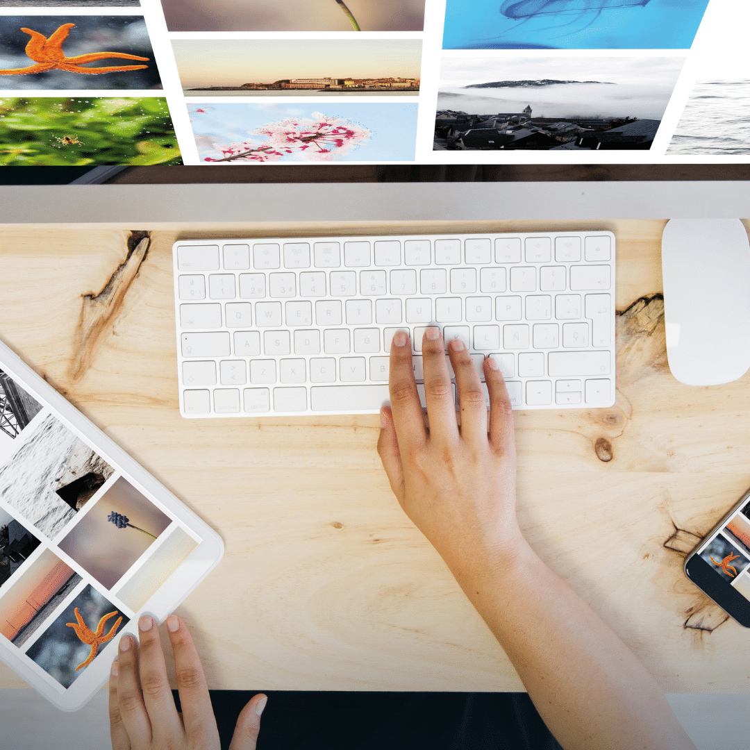 Designer working on computer with creative projects. College Application