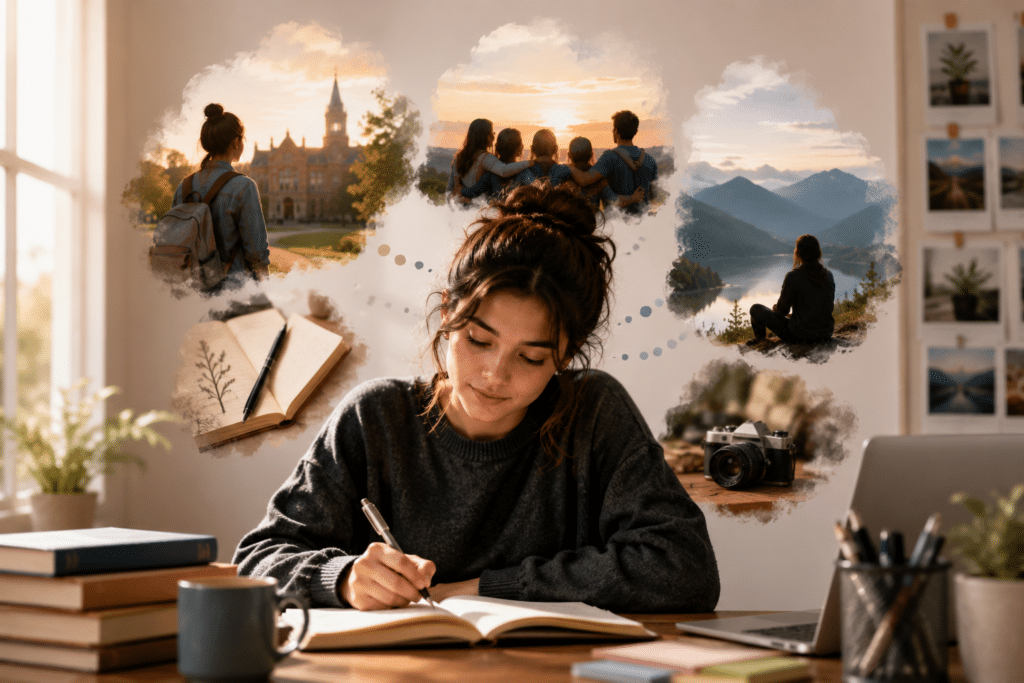Student writing a college admissions essay for university applications